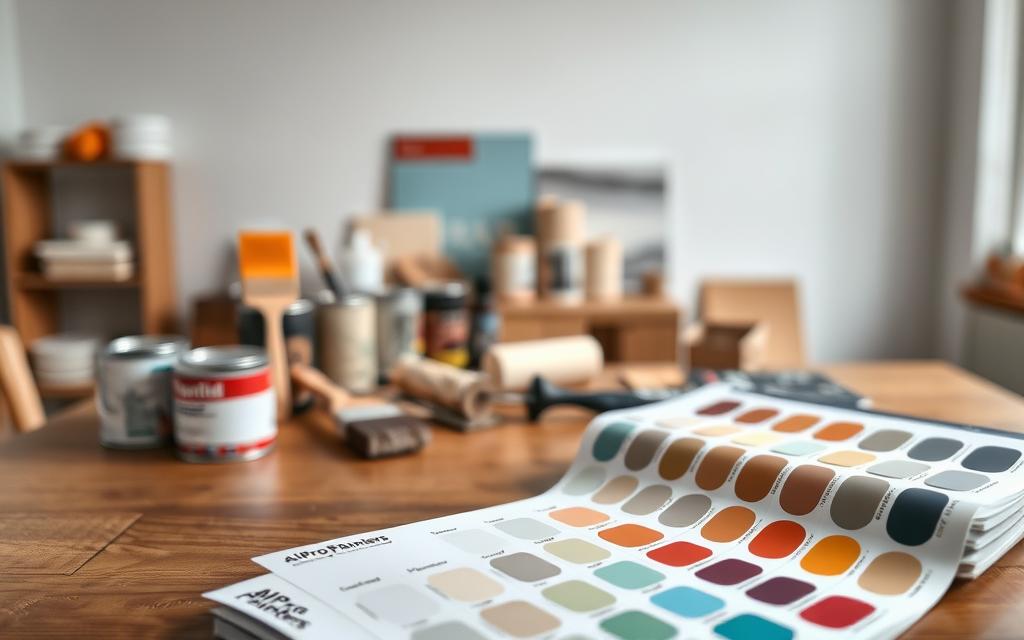 A well-lit room with various paint swatches and sheen samples displayed on a wooden table. In the foreground, an AllPro Painters color swatch book is prominently featured, showcasing a range of paint finishes from matte to high-gloss. The middle ground features a variety of paint cans, brushes, and rollers, hinting at the hands-on process of selecting the right paint finish. The background softly blurs, emphasizing the focus on the paint selection itself. The overall scene conveys a sense of thoughtfulness and careful consideration in the decision-making process of choosing the perfect paint sheen for a room.