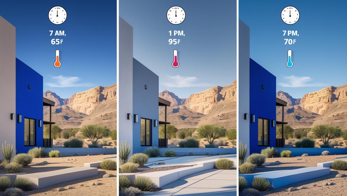 Three-panel time-lapse of a desert home wall with thermochromic paint: deep blue at 7 AM 65°F, light gray at 1 PM 95°F, blue again at 7 PM 70°F. Background shows Nevada or Utah landscape.