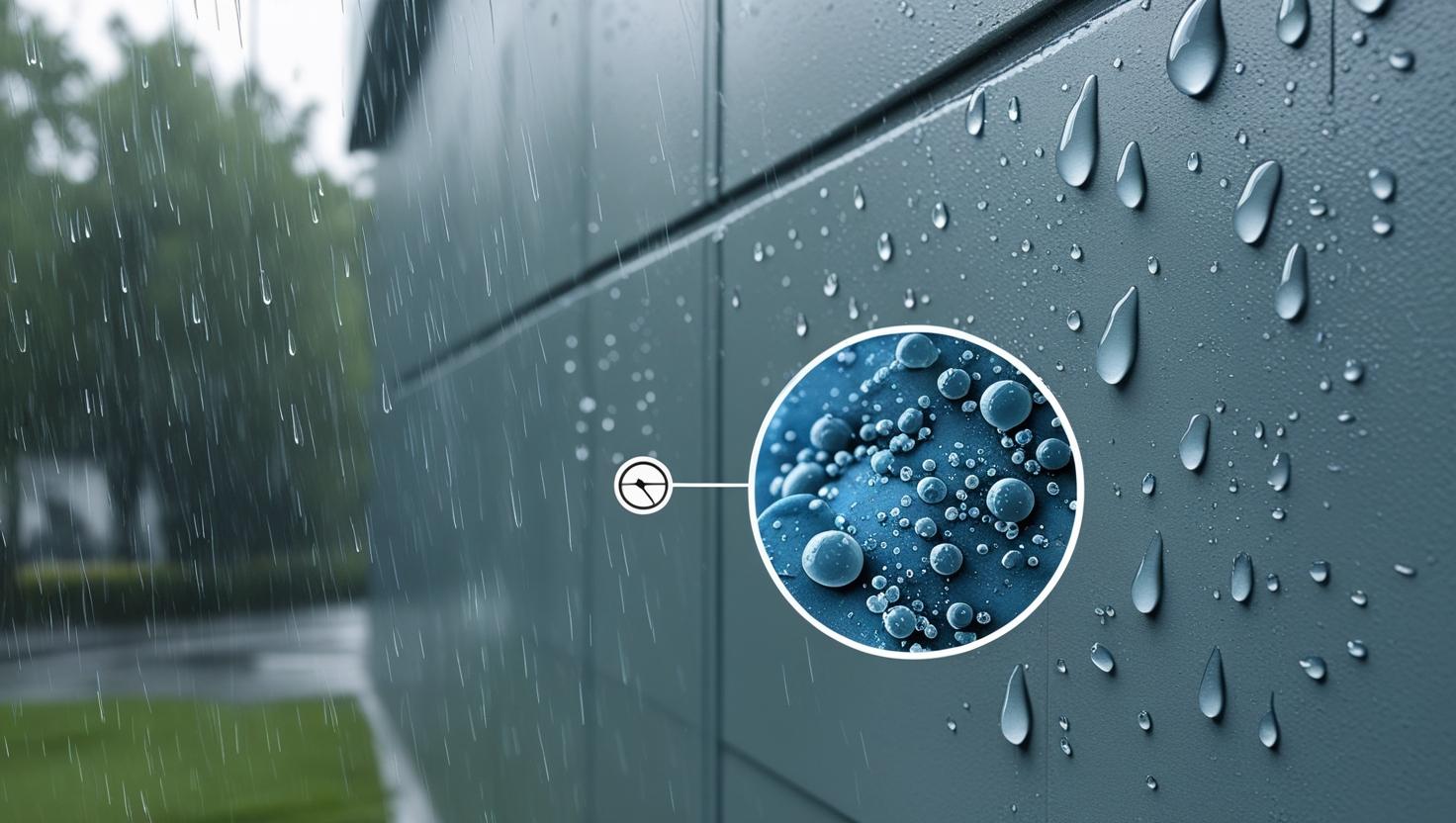 Close-up of rain droplets rolling off a coated wall, carrying dust away. Inset shows titanium dioxide activity at a microscopic level.